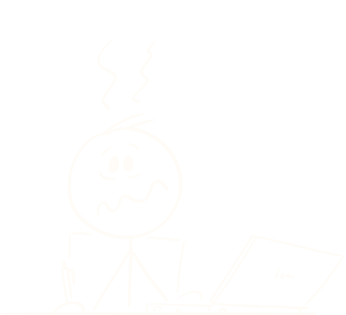 Een stickfiguur zit achter een laptop, gefrustreerd.