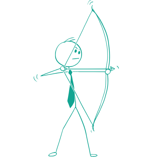 Een stickfiguur met stropdas, die zijn boog met pijl spant.