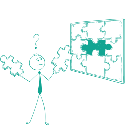 Een stickfiguur met vraagteken houdt puzzelstukjes vast voor een incomplete puzzel.