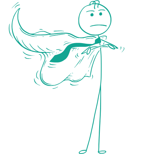 Een stickfiguur met een cape en een neutrale uitdrukking.